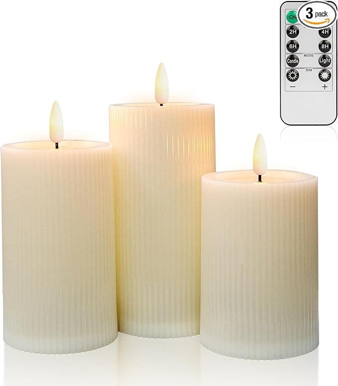 COVEGE Flickering Flameless Waterproof Candles - Battery Operated with Remote and 2/4/6/8 H Timer LED Plastic Pillar Candles with Realistic Moving Wick Candles for Home Decor(Set of 3)