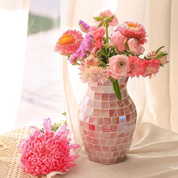 Pink Vase for Flowers - Handmade Mosaic Glass Vase for Home Decor ，Modern Decorative Flower Vases for Bedroom Kitchen Living Room Centerpieces