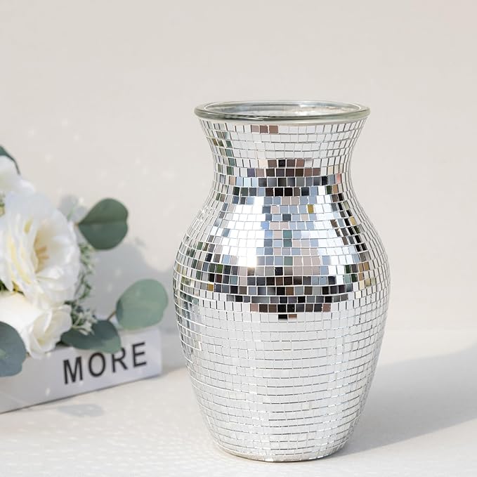 Silver Vase for Flower - Mosaic Glass Vase for Decor Disco Vases for Fashion Home Table Decoration Wedding Flower Arrangeme Centerpieces