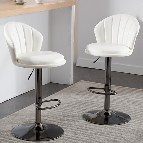 Ya-Home Modern Swivel Bar Stools Set of 2, Adjustable PU Leather Barstools with Gunmetal Color Base Upholstered Bar Chairs Kitchen Island Stool for Kitchen Home Bar, White