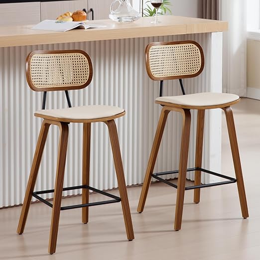 Ya-Home Mid-Century Bar Stools Set of 2, 26 Inch PU Leather Barstools with Open Rattan Backrest Wooden Legs Armless Bar Chairs for Kitchen Island Dining Room, Beige