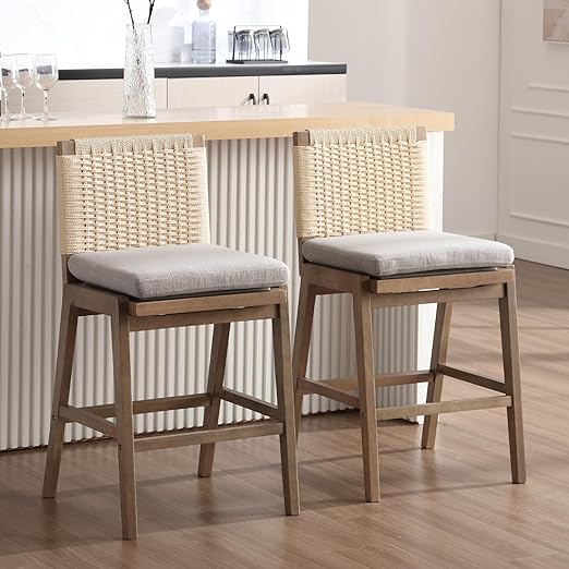 Ya-Home Rustic Mid-Century Bar Stools Set of 2, 27.3 Inch Counter Height Stools Upholstered Linen Armless Bar Chairs with Woven Rope Backrest Wooden Legs for Kitchen Island Dining Room, Grey