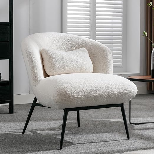 Ya-Home Modern Accent Chair, Upholstered Sherpa Fabric Side Chair Guest Chair with Small Pillow Black Metal Legs, Comfy Lounge Chair for Living Room Bedroom, White