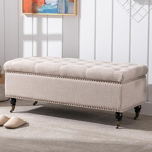 Ya-Home Modern Storage Bench, 45 Inch Upholstered Linen Bedroom Ottoman End of Bed Bench Button Tufted with Solid Wooden Legs for Bedroom Living Room, Beige