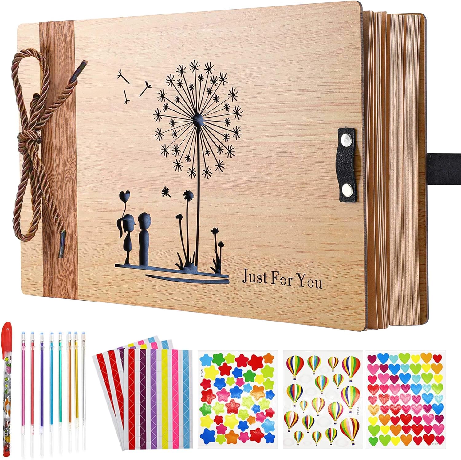 ZEEYUAN Vintage Wooden Photo Album, Love Scrapbook, with 6 Stickers, 8 Color Pens, 11.4 x 7.4 inch, 40 Sheets