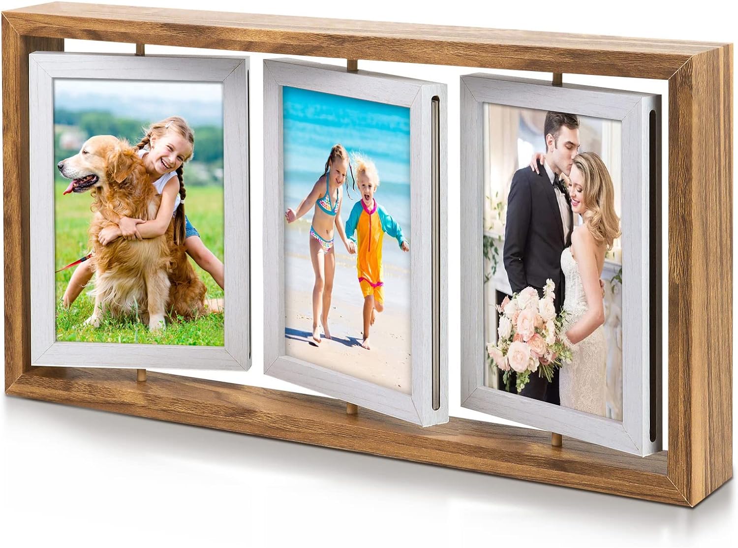 ZEEYUAN 4x6 Rotating Photo Frame Rustic 4x6 Wooden Picture Frames, Double Side-Display 6 Photos, Floating Photo Frame 4x6 Family Frame for Tabletop Display