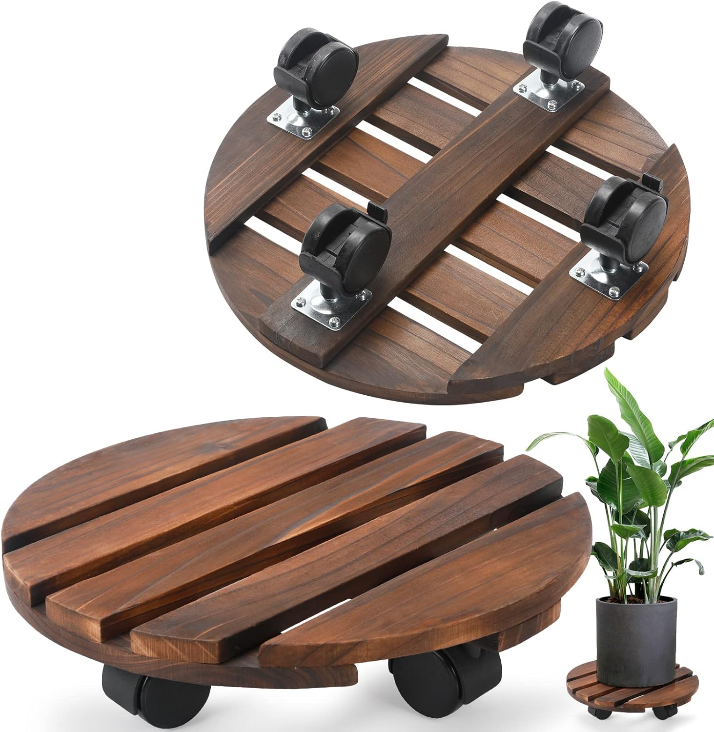 Plant Caddy with Lockable Wheels, Rolling Plant Stand 12 Inch Wooden, Plant Roller Base 150 lb Heavy Duty, 2 Packs Plant Dolly, Indoor Outdoor Potted Plant Mover