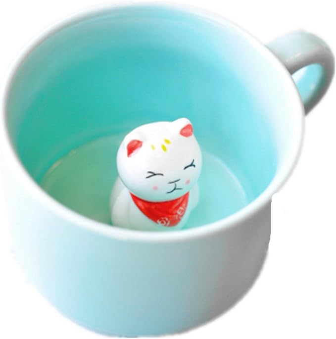 ZaH 3D Coffee Mug Cute Animal Inside Cup Cartoon Ceramics Figurine Teacup for Boys Girls Kids - Party Office Morning Mugs for Tea Juice Milk Chocolate Cappuccino (8 oz Fortune Cat)