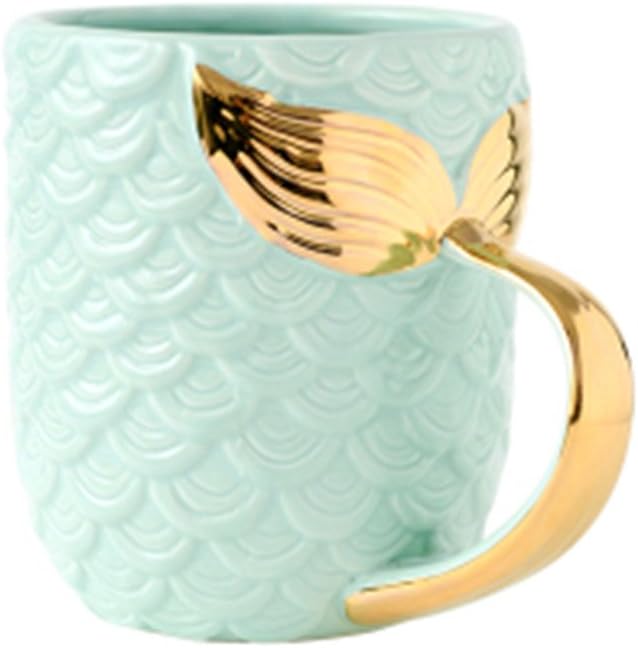 ZaH 15 oz Mermaid Mug Ceramic Coffee Mugs Big Cute Cups Cappuccino Teacup Birthday Bridal Shower Engagement Wedding Gifts Soup Mug for Men Women Kids Girls Boys (Gold Handle Blue Mermaid Tail)