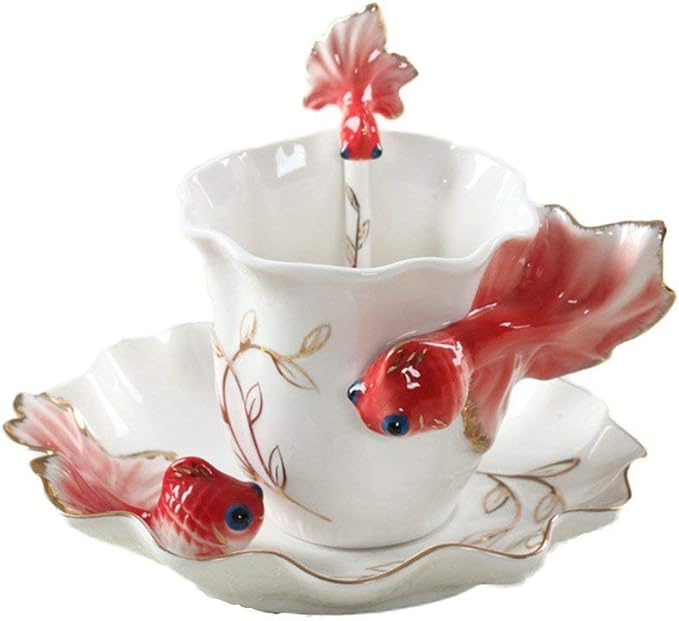 ZaH 3D Goldfish Coffee Mugs Animal Rainbow Ceramic Mug Milk Teacup Afternoon Tea Cup and Saucer Set with Spoon (Bright Red)