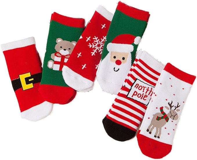 ZaH 6 Pack Christmas Socks for Baby Big Boy Girl Cotton Ankle Sock Kids Gift Set