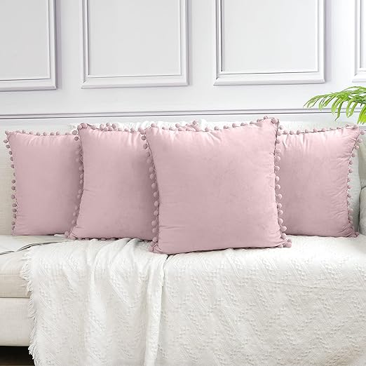 4 Pack Cozy Pom-poms Velvet Pillow Case,Solid Color Square Throw Cushion Cover for Home Decorative