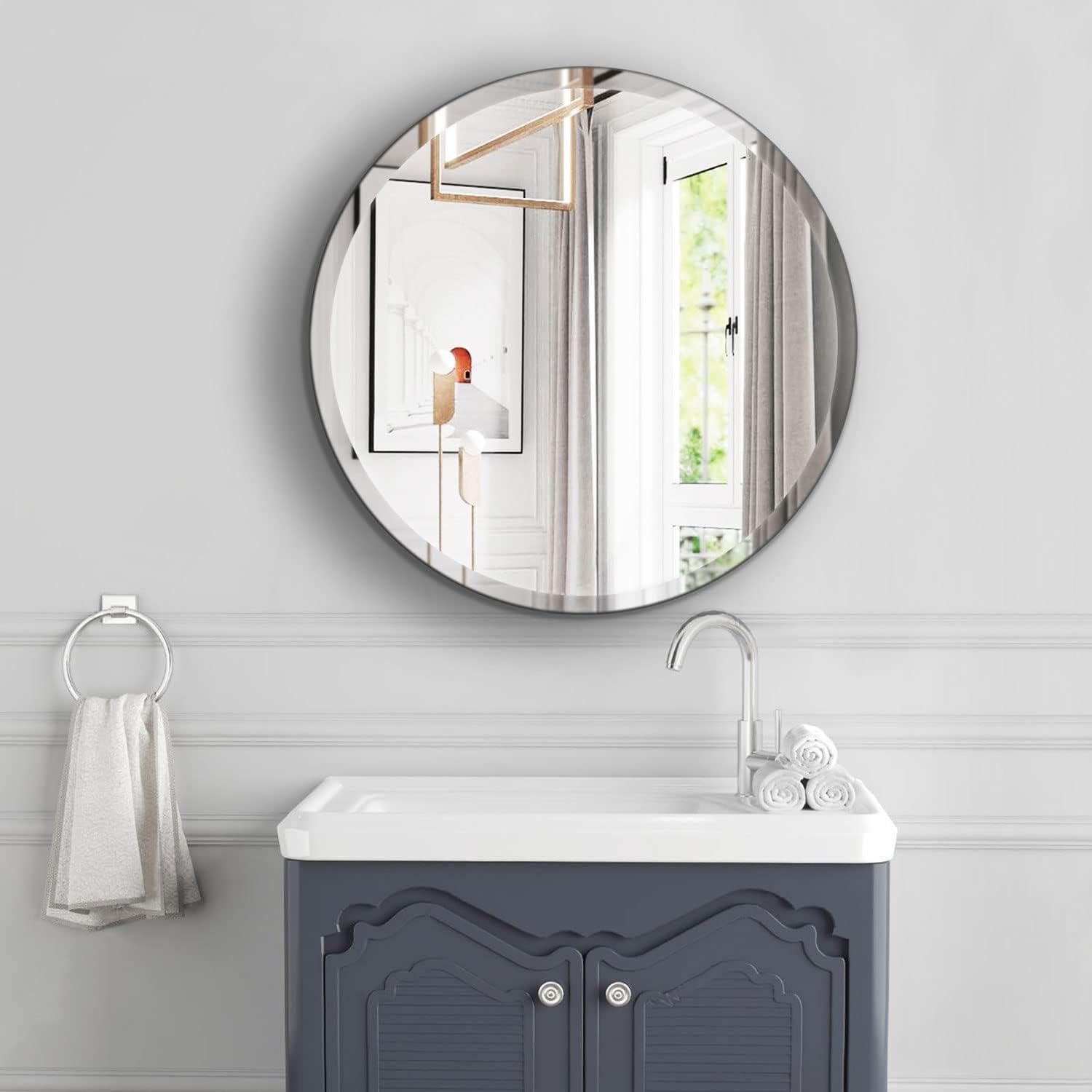 MZON 24 Inch Frameless Round Mirror, Circle Wall Mirror with Beveled Polished Edge for Bathroom, Vanity, Entryways