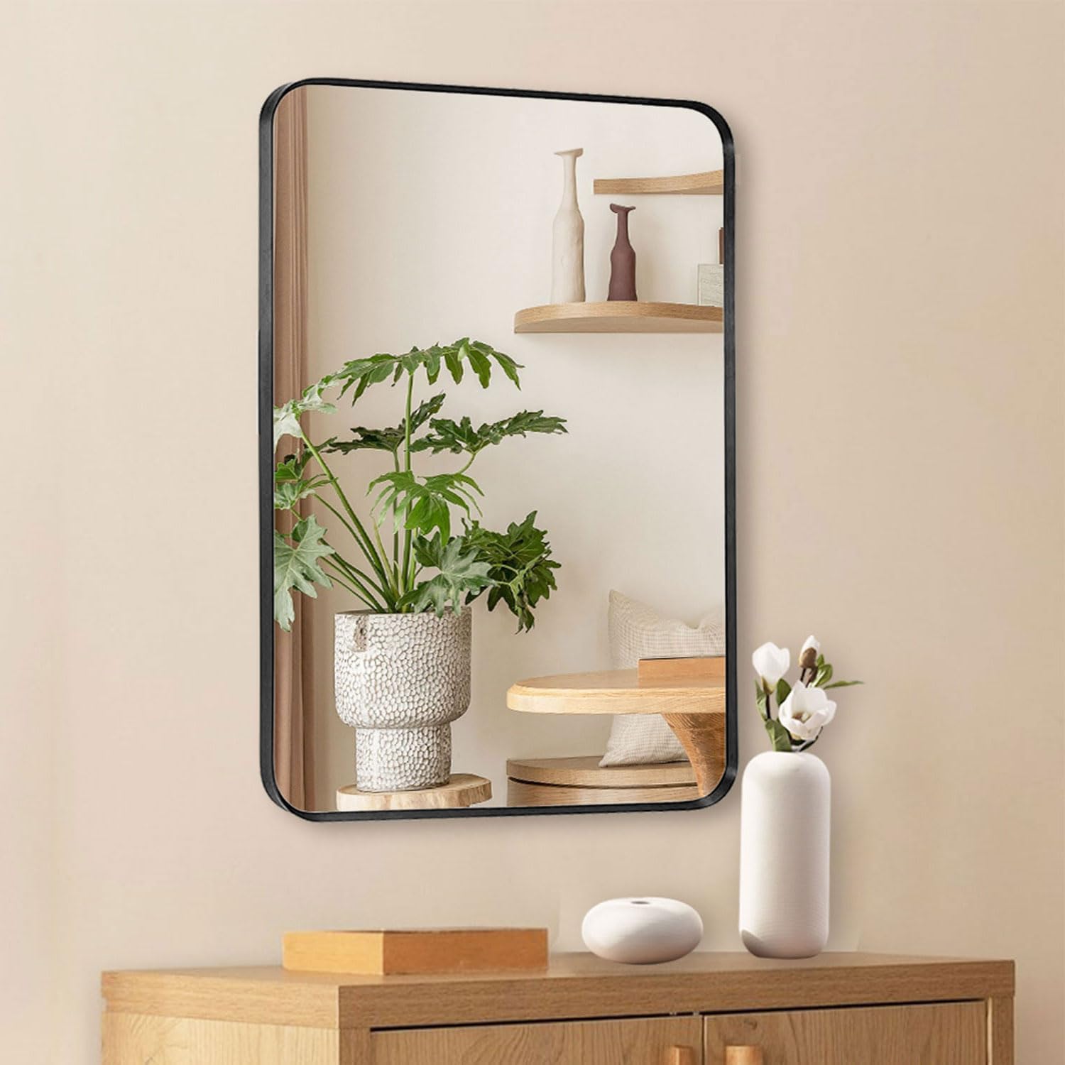 MZON 24x36 Brushed Black Metal Framed Mirror, Rounded Rectangle Mirror with Peaked Trim, Wall Mounted Mirror for Bathroom Vanity, Bedroom, Entryway, Vertical or Horizontal