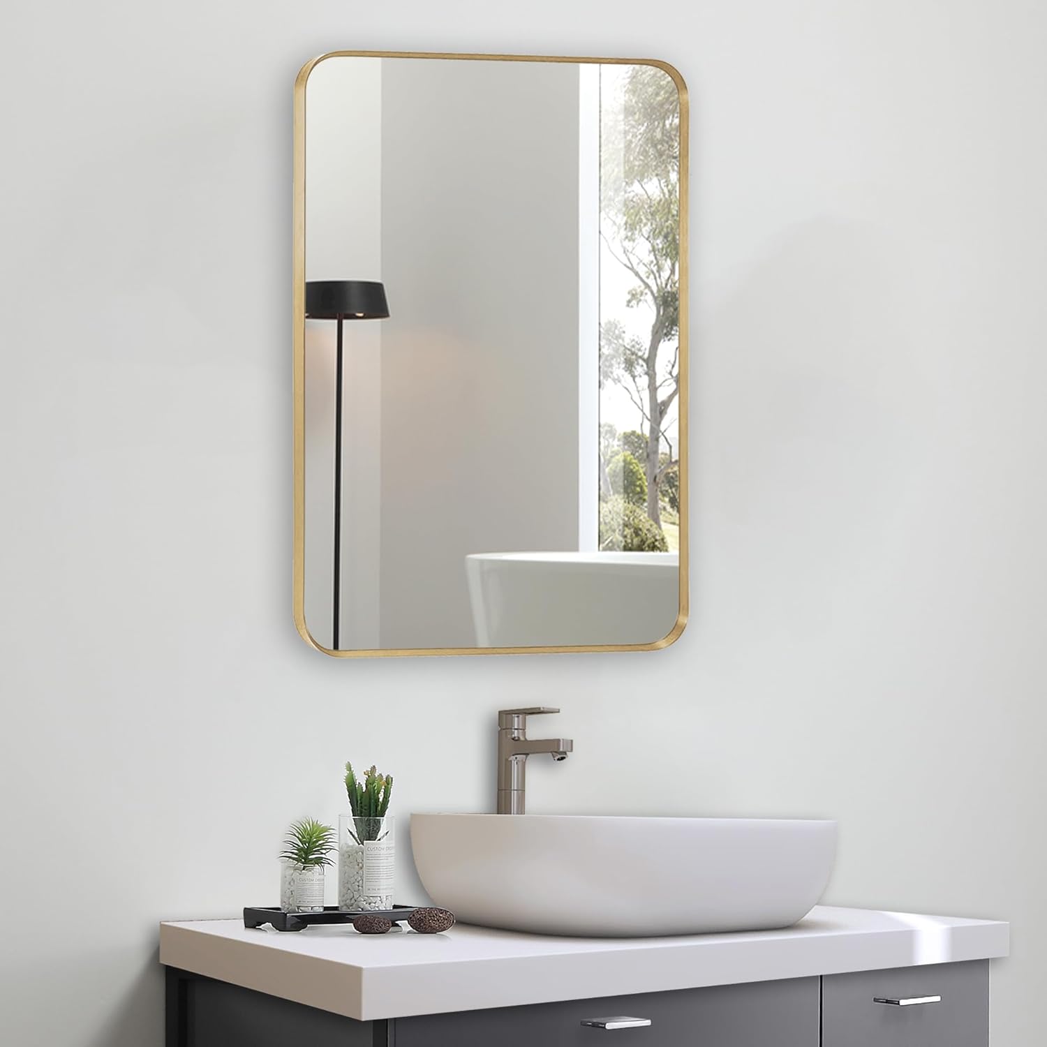 MZON 24x36 Brushed French Gold Metal Framed Mirror, Rounded Rectangle Mirror with Peaked Trim, Wall Mounted Mirror for Bathroom Vanity, Bedroom, Entryway, Vertical or Horizontal