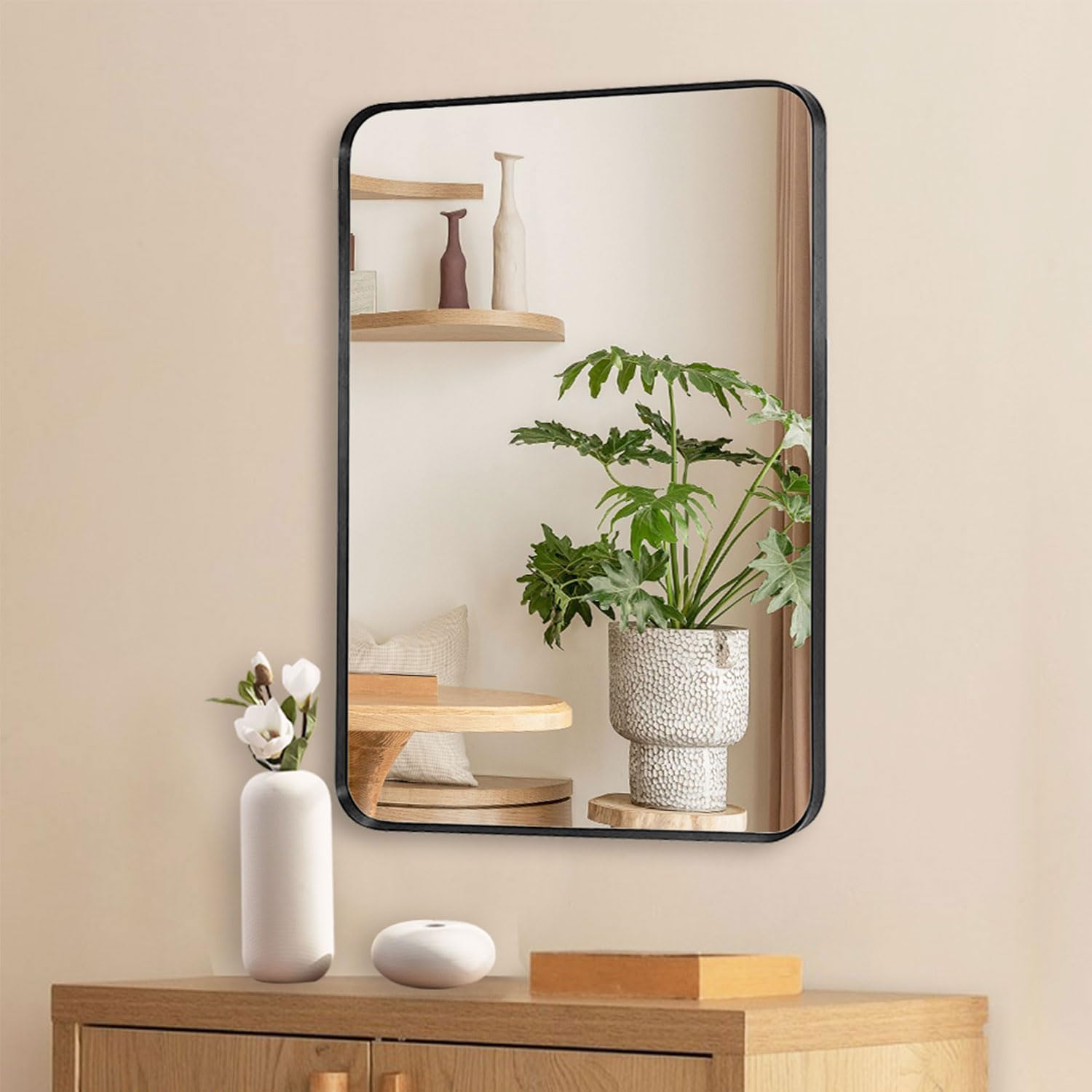 MZON 24x36 Brushed Matte Black Metal Framed Mirror, Rounded Rectangle Mirror with Peaked Trim, Wall Mounted Mirror for Bathroom Vanity, Bedroom, Entryway, Vertical or Horizontal