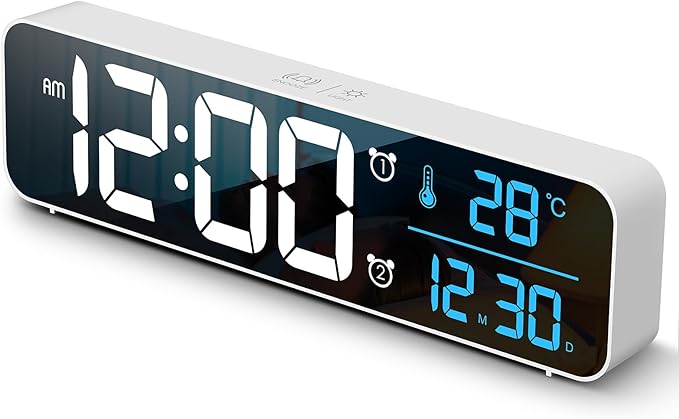 Hournor Digital Clock, Clock for Bedroom, Digital Wall Clock, Clocks for Living Room Decor, Desk Clock, Table Clock, Digital Clock Large Display, Smart Alarm Clock for Office (Wired White+Blue Digit)