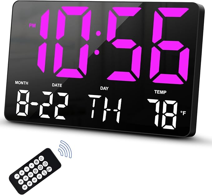 Digital Clock, Digital Wall Clock with Remote Control, LED Clock Large Display With Date Week Temperature for Living Room Decor, Large Wall Clocks for Bedroom Office Gym Shop Garage (Pink purple)