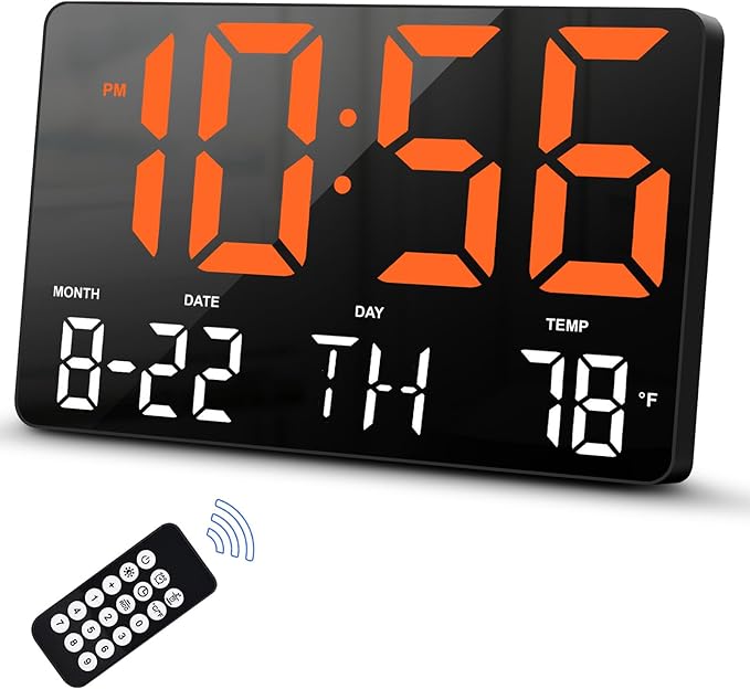 Hournor Digital Clock, Digital Wall Clock with Remote Control, LED Clock Large Display with Date Week Temperature for Living Room Decor, Large Wall Clocks for Bedroom Office Gym Shop Garage (Orange)