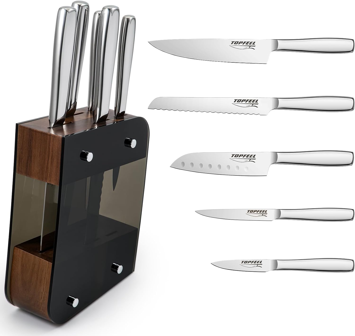 Topfeel Knife Set for Kitchen with Block, Sharp Knife Set 6 Piece, High Carbon Mirror Polishing Stainless Steel Chef Knife Set for Thanksgiving & Christmas Gifts