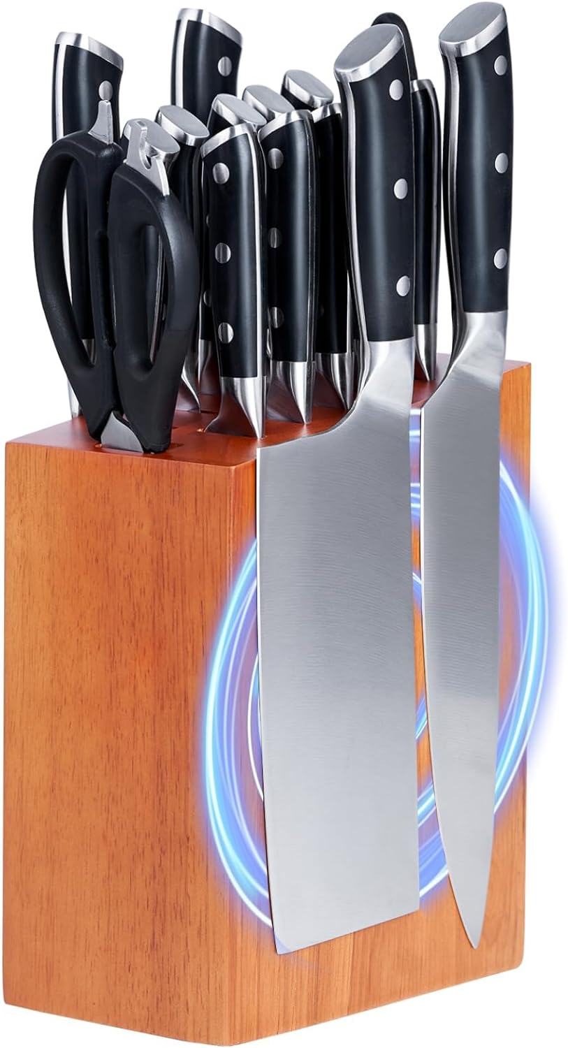 Topfeel 17PCS Kitchen Knife Set with Magnetic Knife Block-5 Chef Knives,8 Serrated Steak Knives Ultra Sharp Chef Knife Set with Knife Sharpener,Kitchen Scissors