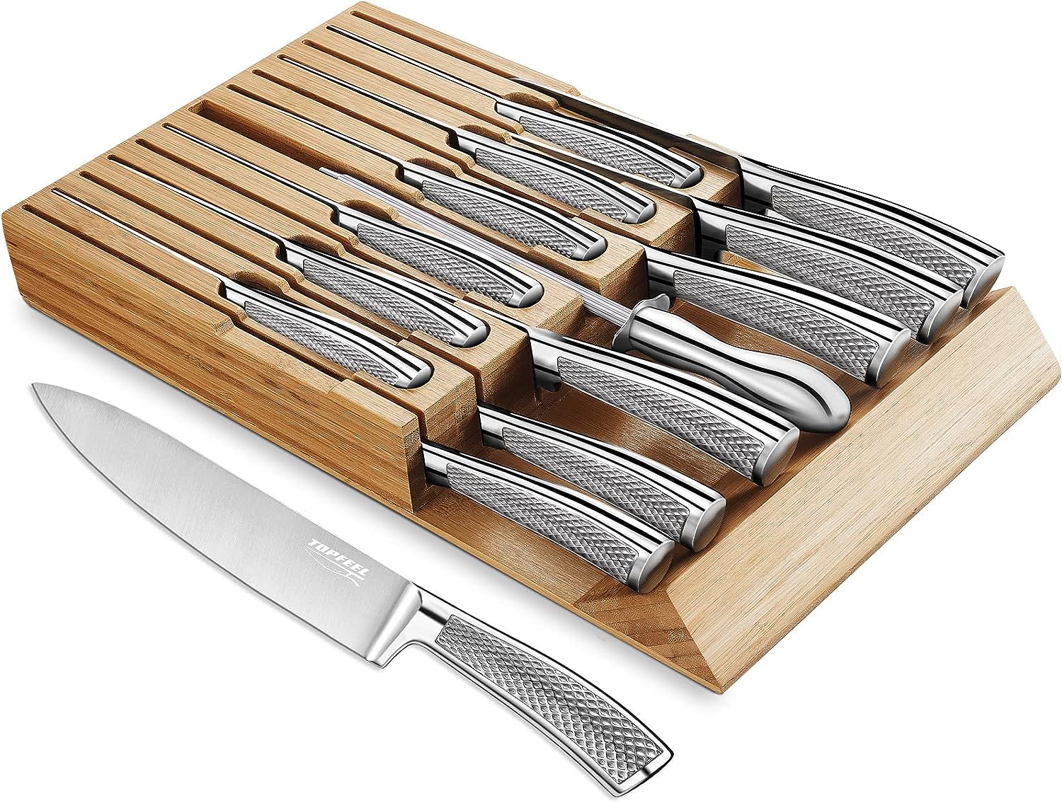 14 Pcs German Stainless Steel Kitchen Knife Set with In-Drawer Bamboo Knife Block - 7 Chef Knives,6 Serrated Steak Knives, Knife Sharpener, Ultra Sharp Chef Knife Set with Full-Tang Design