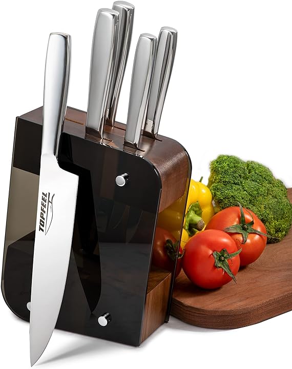 Topfeel Knife Set for Kitchen with Block, Sharp Knife Set 6 Piece, High Carbon Mirror Polishing Stainless Steel Chef Knife Set for Thanksgiving & Christmas Gifts