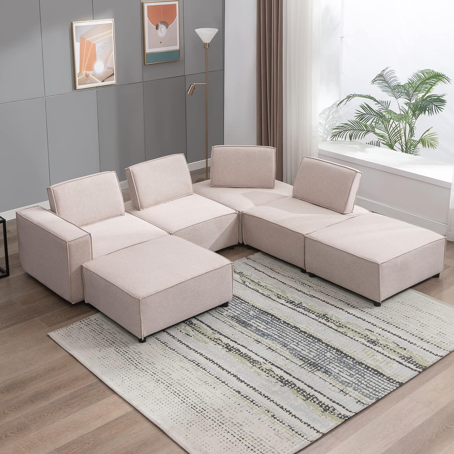 BALUS U Shaped Modular Couch Set, Convertible Beige Sectional Sofa with Ajustable Backrest, L Shape Sectional Sleeper Sofa with Reversible Chaise, 6 Seater Sofa for Living Room Apartment