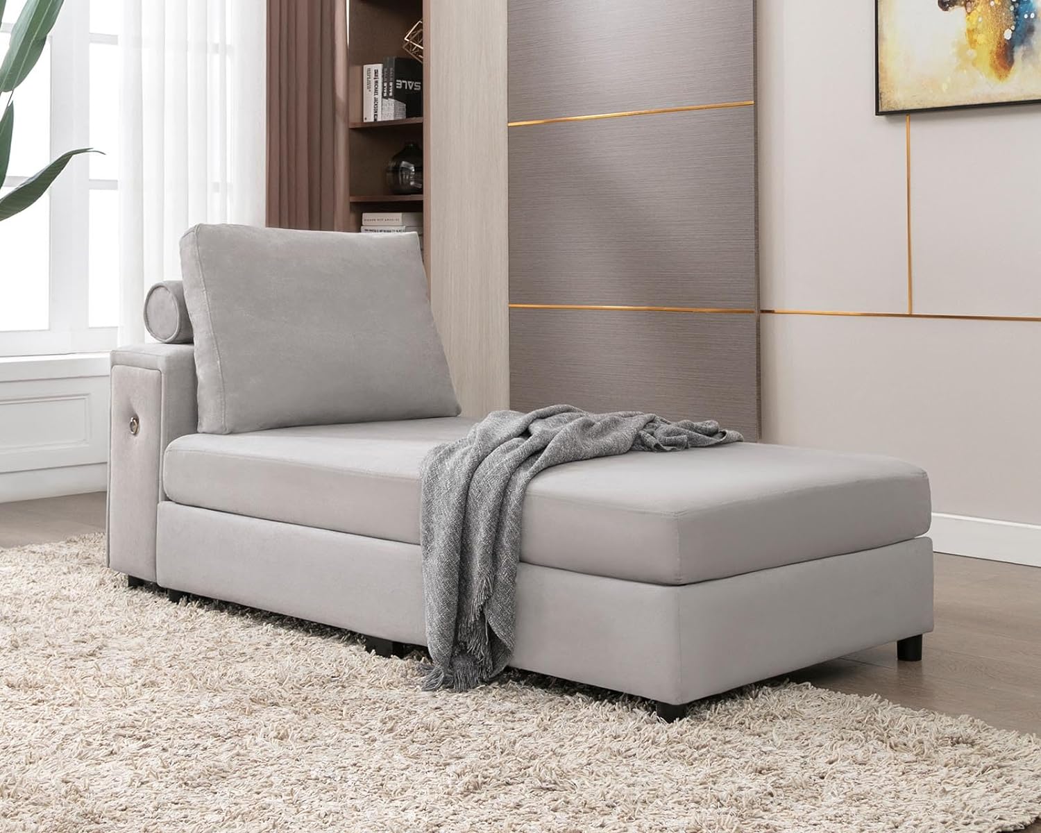 BALUS Upholstered Chaise Lounge Chair with Storage Drawer, Convertible Sleeper Chair with Back Cushion, Modern Futon Sofa Bed Reclining Chair Bed for Living Room, Bedroom