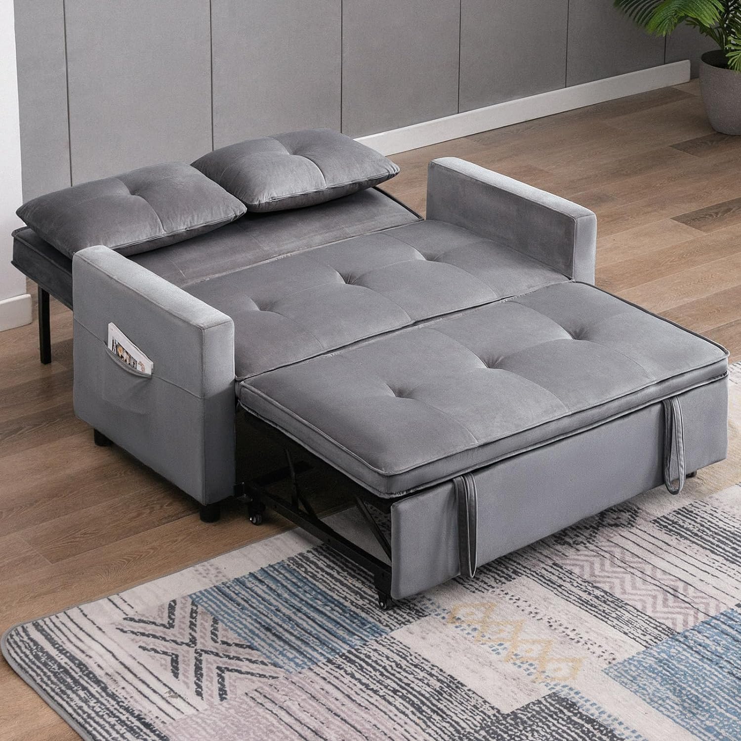 BALUS Loveseat Sofa, Convertible Sofa Bed with Side Pockets, 2 Seater Small Sleeper Sofa, Pull Out Couch for Living Room/Bedroom, Dark Gray