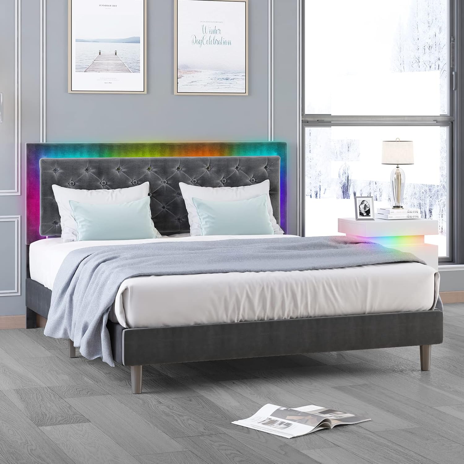 BALUS Queen Size Bed Frame with Led Lights, RGB Led Bed Frame Smart Music Sync Color Changing Lights/Compatible with Alexa Or APP/Platform Bed Frame with Adjustable Headboard(Queen, Dark Grey)