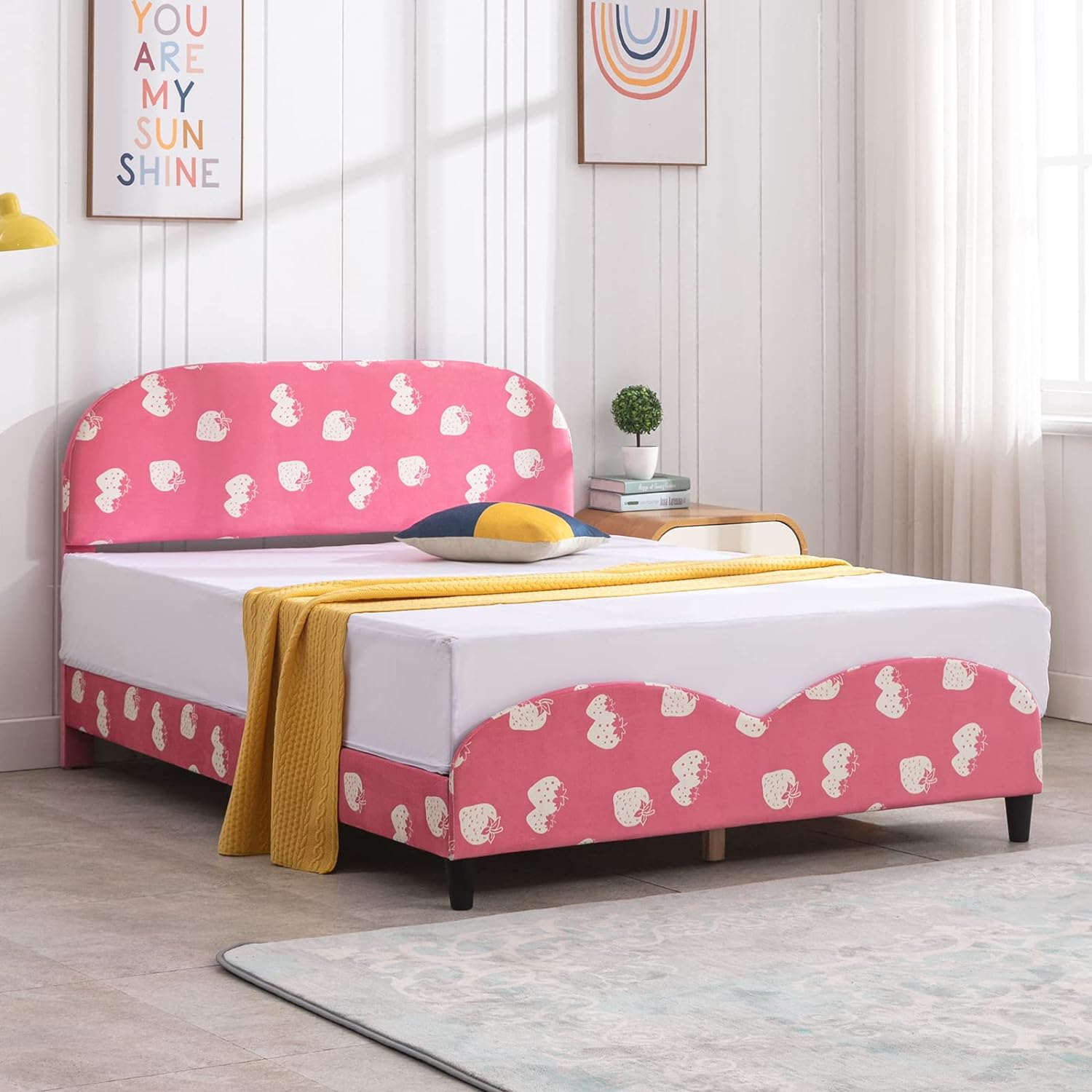 BALUS Kids Full Size Platform Bed Frame | Sturdy Frame with Velvet Upholstered Headboard |Wood Slat Support,Easy Assembly, No Box Spring Needed,for Girls, Strawberry-Pink