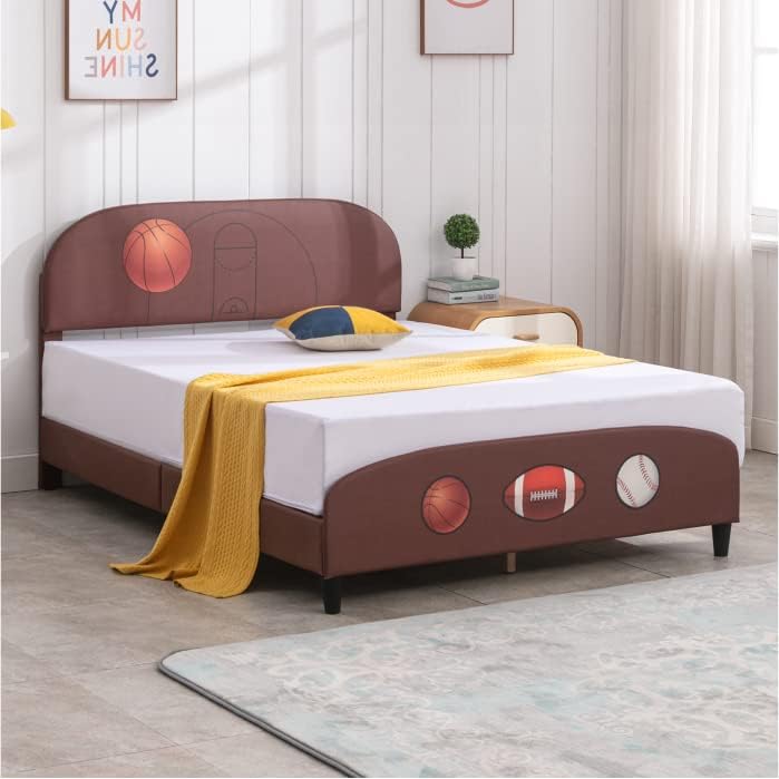 BALUS Full Size Children Bed Frame, Sports Theme Bed Platform for Kids, Fabric Padded Bedroom Furniture, Upholstered Bed Frame with PVC Tufted Headboard, No Spring Box Needed (Basketball,Full)