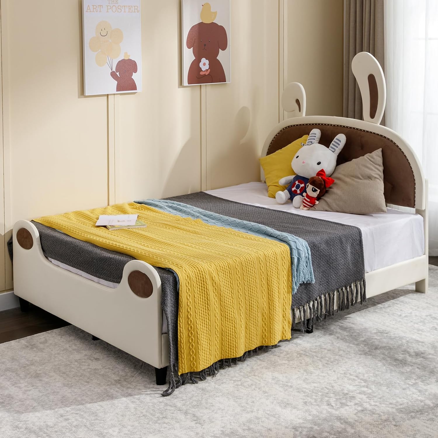 BALUS Toddler Twin Bed Frame,Upholstered Bed Frames for Kids Velvet Bunny Shaped Platform Bed with Rabbit Ears Headboard, Kid Bed Frame for Bedroom, No Spring Box Needed, Wood Slats