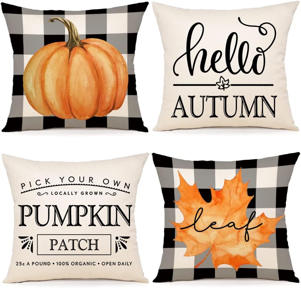 ZWJD Fall Pillow Covers 18x18 Set of 4 Black and White Buffalo Plaid Farmhouse Fall Decor Fall Pillows Pumpkin Maple Leaves Hello Autumn Decorative Pillow Covers for Outdoor Fall Decorations