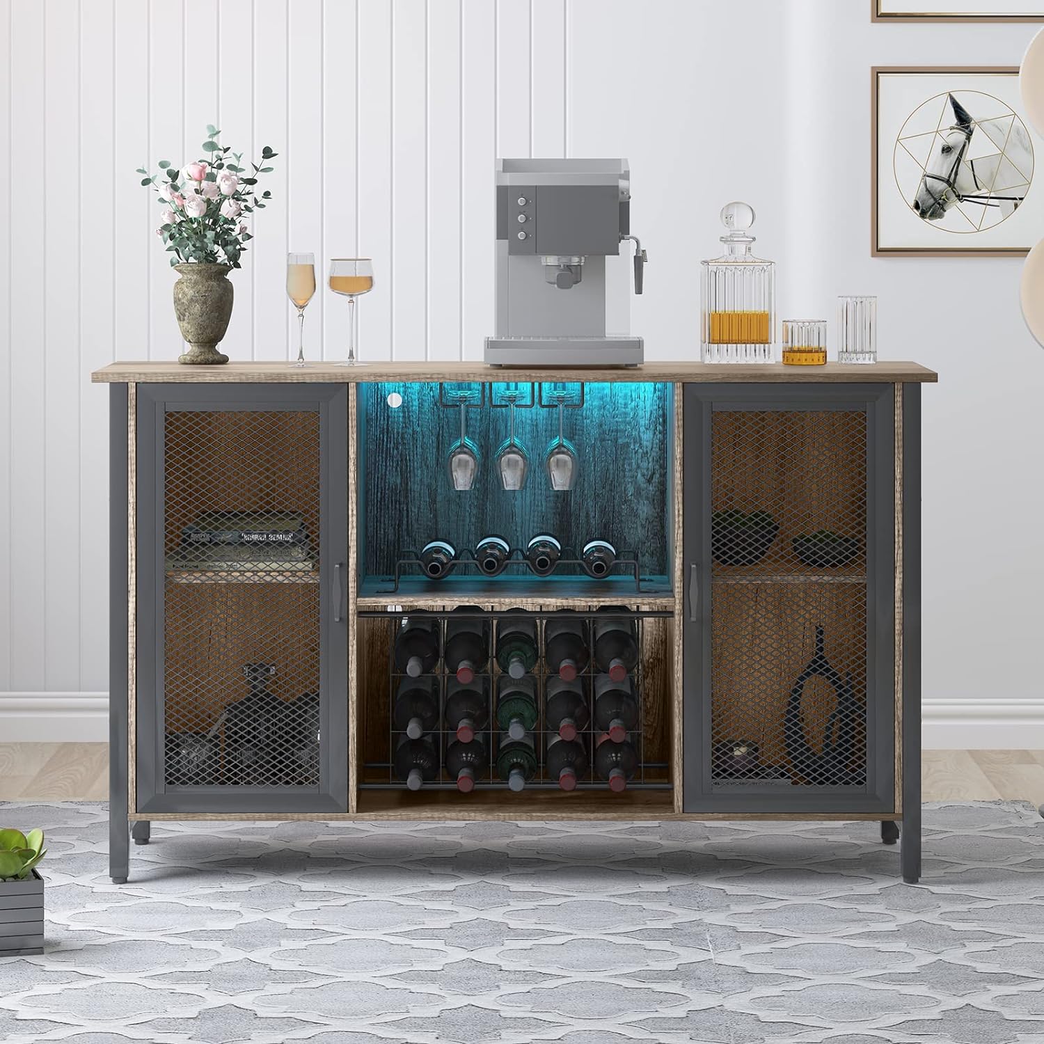 BALUS Wine Bar Cabinet with RGB LED, Home Bar Industrial Sideboard Buffet Cabinet with Storage,Coffee Bar Cabinet for Liquor and Glasses, Farmhouse Bar Cabinet for Dining Living Room