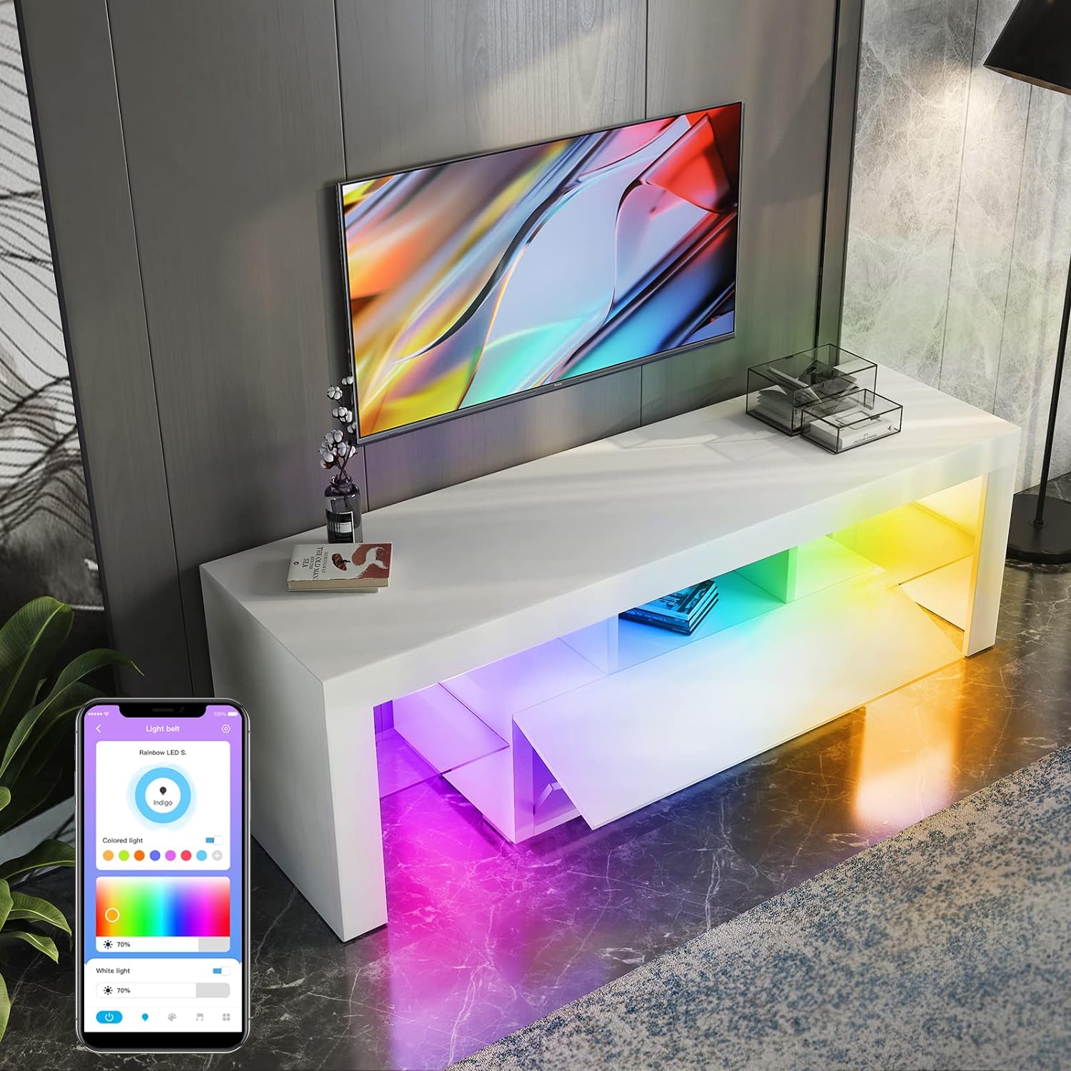 BALUS White TV Stand with RGB LED Lights for 32/40/50/55 Inch TVs, Modern Gloss Entertainment Center with Color Changing Light and Storage Drawer, TV Console Cabinet with 2 Glass Open Shelves