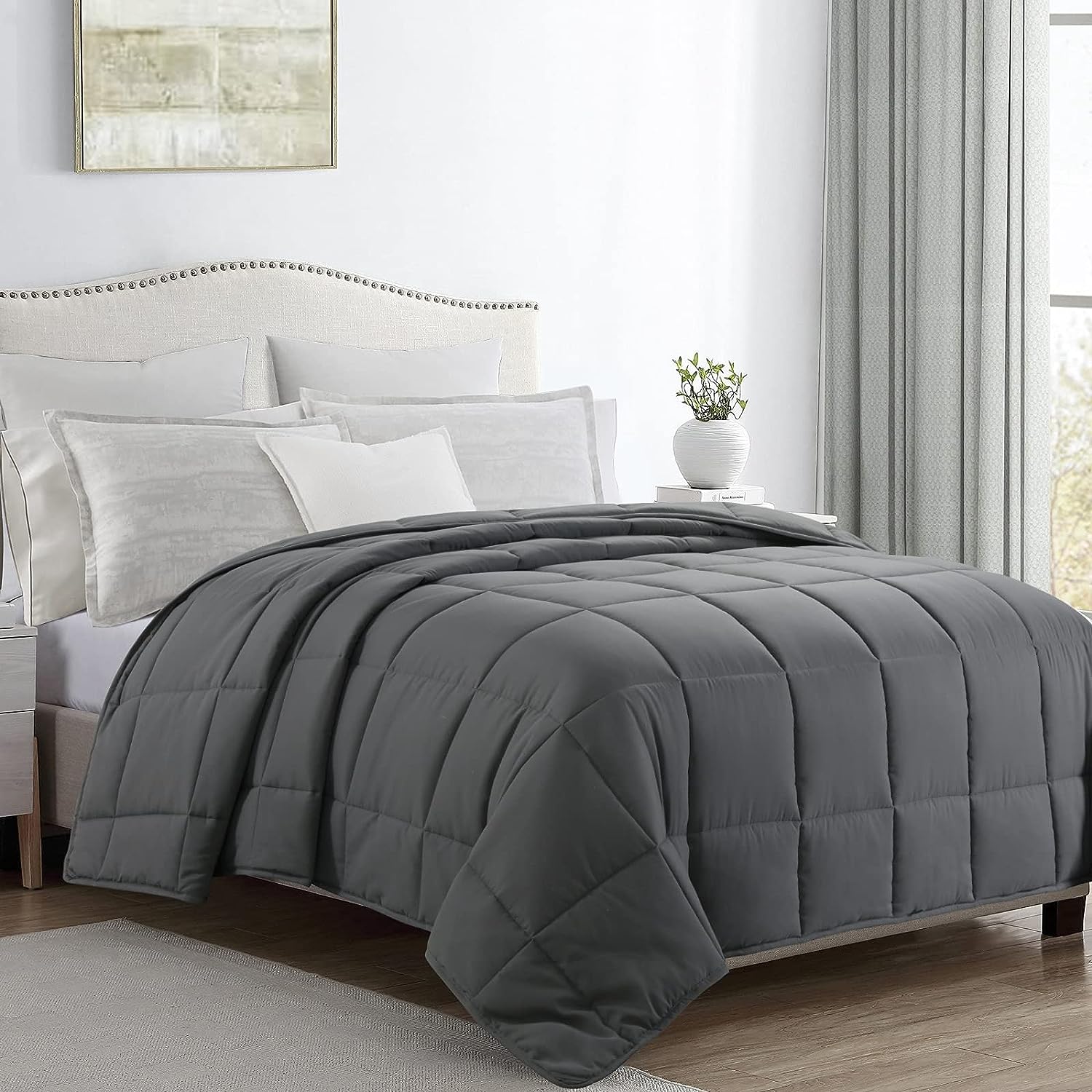 HOMBYS Oversized King Comforter 120x120 Lightweight Down Alternative Comforter for All Season,Grey Quilted Duvet Insert with 8 Corner Tabs Microfiber Comforter (Grey, Oversized King 120x120)