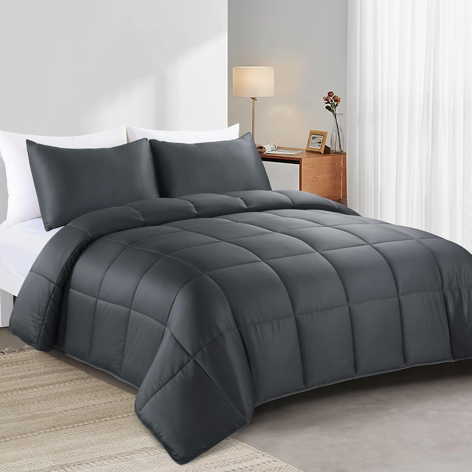 HOMBYS Summer Cooling Comforter Set King Size,Silky Soft 100% Viscose Made from Bamboo Shell Bed Comforter, Lightweight Comforter for Hot Sleeper(1 Comforter, 2 Pillowcases),Grey