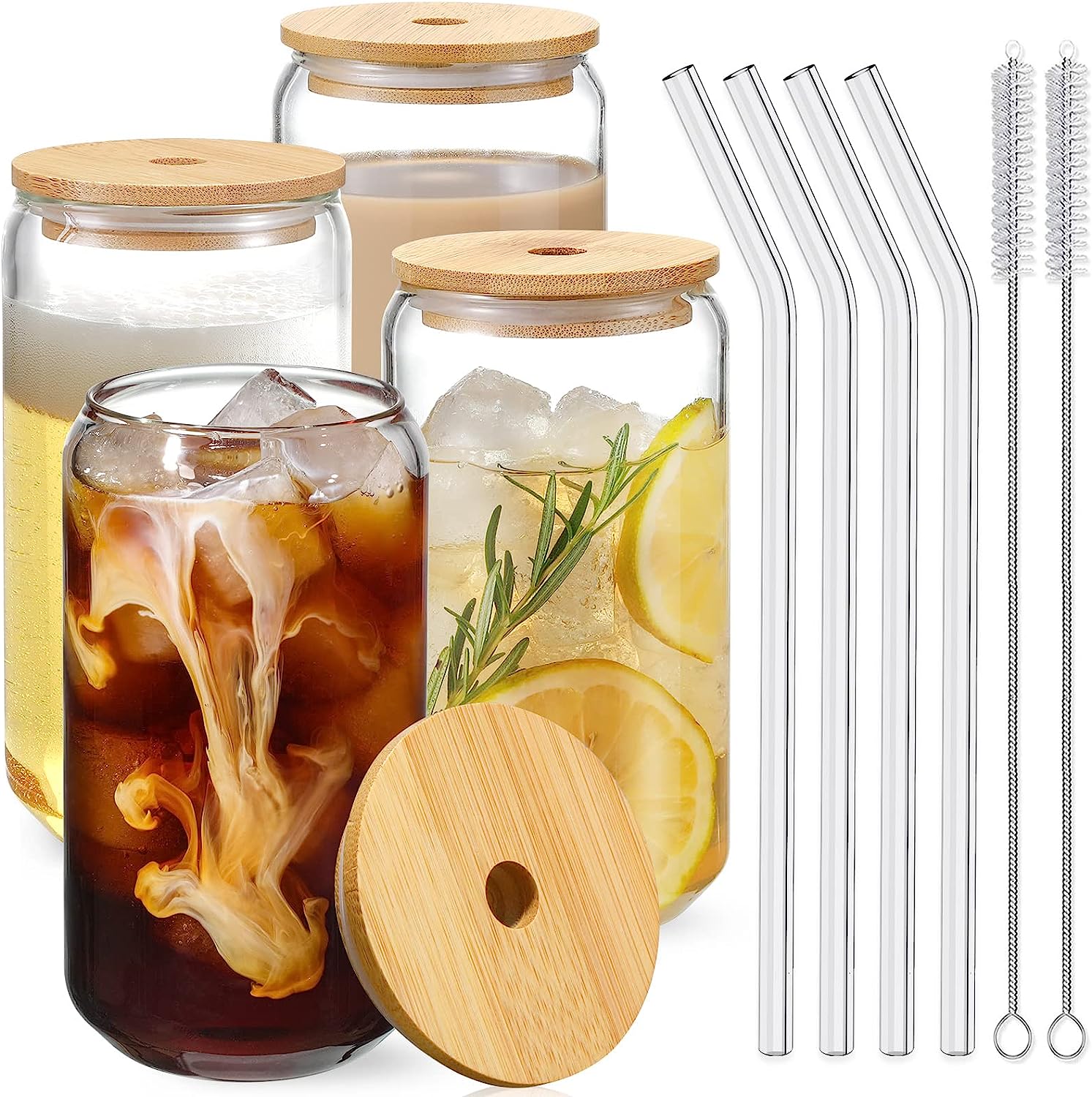 Drinking Glasses with Bamboo Lids and Glass Straw 4pcs Set - 16oz Can Shaped Cups, Beer Glasses, Iced Coffee Cute Tumbler Cup, Ideal for Cocktail, Whiskey, Gift 2 Cleaning Brushes