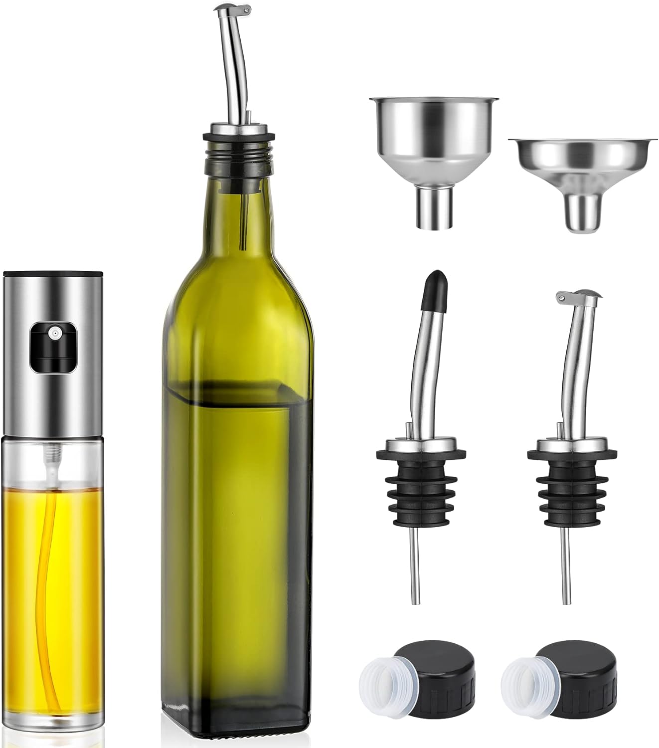 NETANY Olive Oil Dispenser 17 OZ and Oil Sprayer Bottle 100 ML for Cooking Set - Green Oil and Vinegar Cruet Bottle Set for Kitchen - Glass container with Drip-Free Stainless Steel Spout