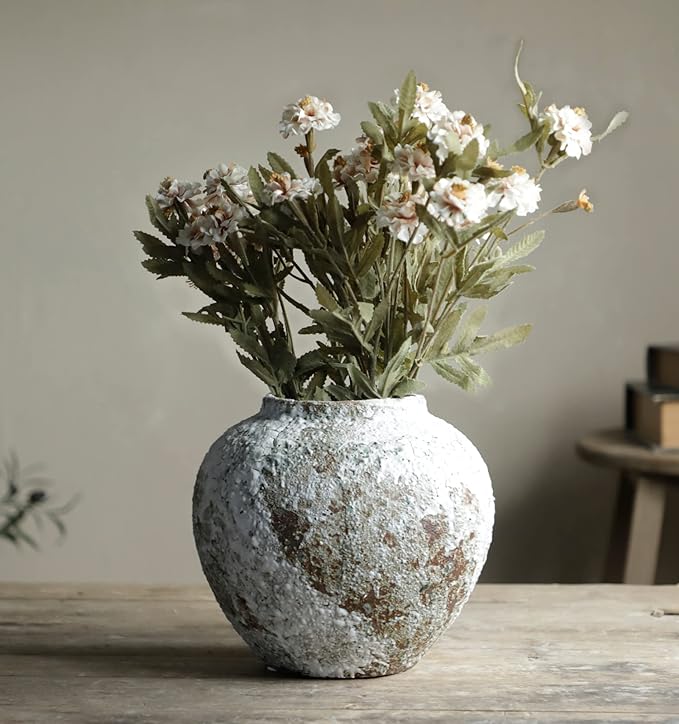 YSNCIDAN Rustic Ceramic Circular Flower Vase, Vintage Floor Tall Vases Farmhouse Decor for Living Room Entryway Table Centerpieces, Kitchen, Wedding Gift
