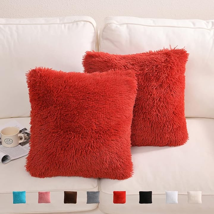 YUSOKI Red Faux Fur Throw Pillow Covers-20 x20,Set of 2-Fluffy Fuzzy Shaggy Cute Cushion Cases Pack of 2 Soft Fleece Pillow Shams Zipper Closure for Sofa Bed Decor Couch Bedroom Without Insert