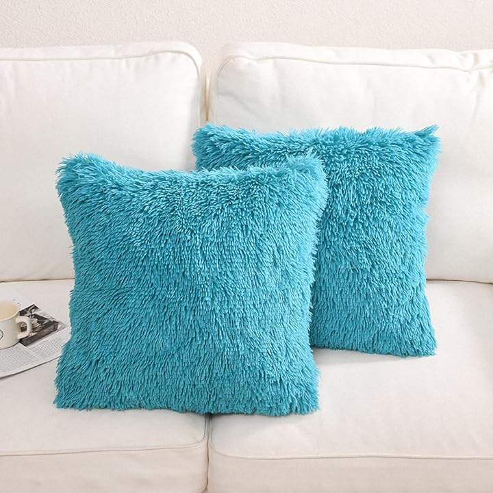 YUSOKI Teal Faux Fur Throw Pillow Covers-20 x20,Set of 2-Fluffy Fuzzy Shaggy Cute Cushion Cases Pack of 2 Soft Fleece Pillow Shams Zipper Closure for Sofa Bed Decor Couch Bedroom Without Insert