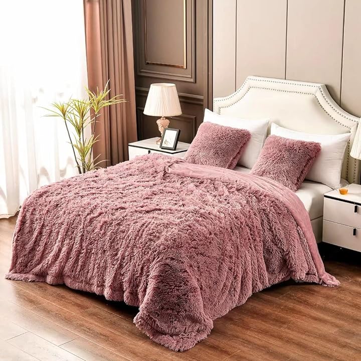 YUSOKI Pink Queen Faux Fur Winter Blanket,2 Layers,90x90 Without Pillows Big Soft Plush Fuzzy Large Warm Fluffy Throw Blanket for Bed