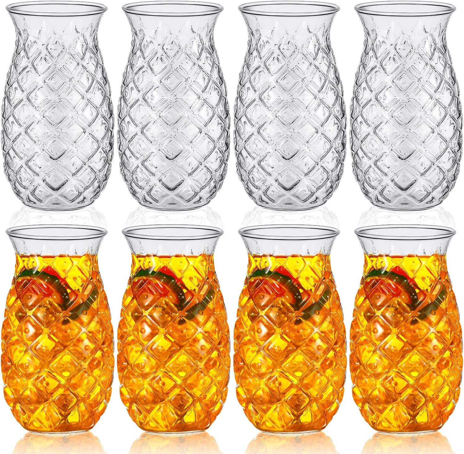 Zubebe Set of 8 Tiki Pineapple Glasses 17 oz Retro Relief Pineapple Cups Clear Pineapple Drinking Cup for Wine Cocktail Drink Martini Whiskey Juice Outdoor Pool Party Picnics