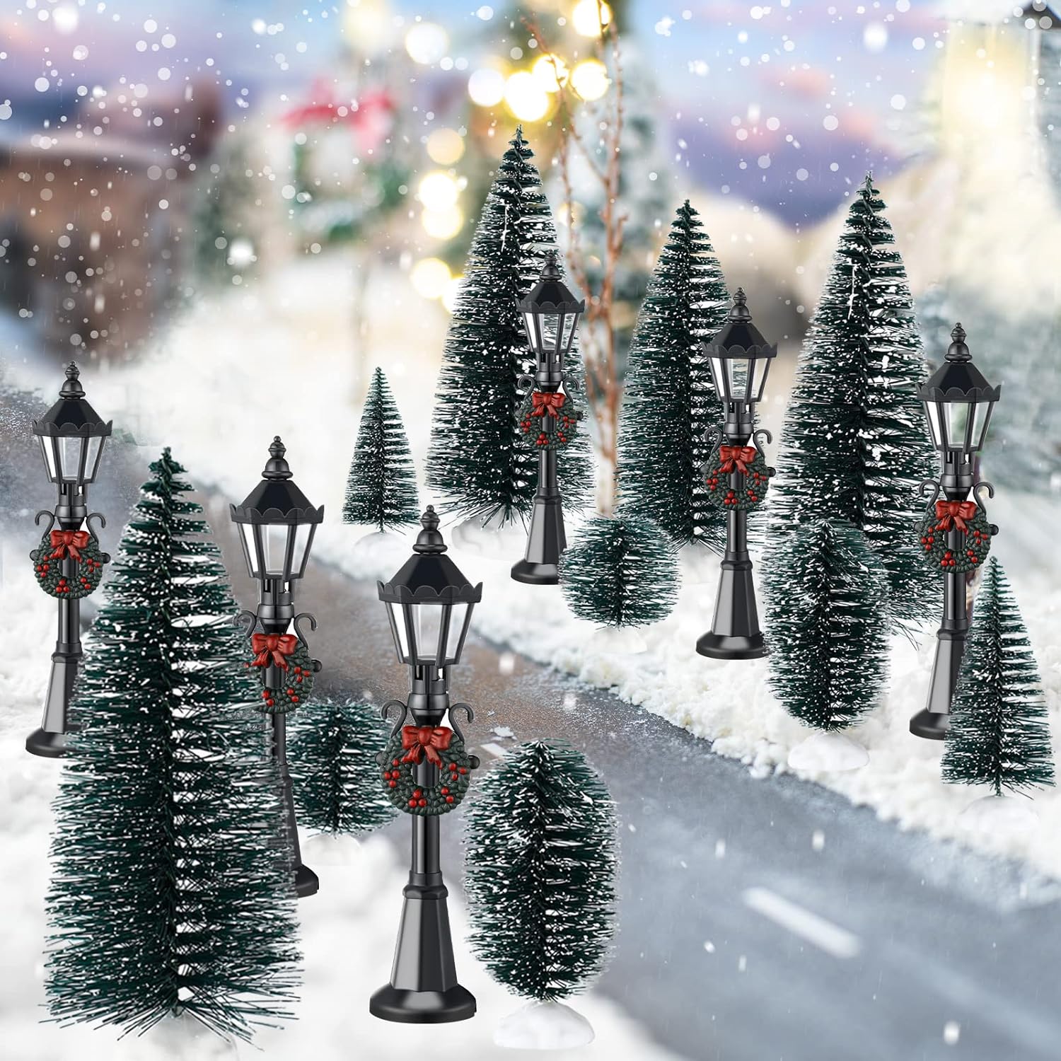 16 Pieces Christmas Village Accessories Set Frosted Christmas Pine Trees and Mini Street Lamp Post Bottle Brush Trees Miniature Village Trees for DIY Crafts Xmas Winter Holiday Decorations