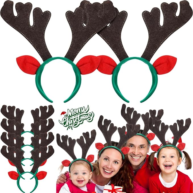 6 Pcs Reindeer Christmas Headband Large Reindeer Antlers Headband Holiday Deer Horns Headband Antler Headpiece Deer Antlers Headband with Ears Deer Costume Headband for Kids Adult Xmas Party Favors