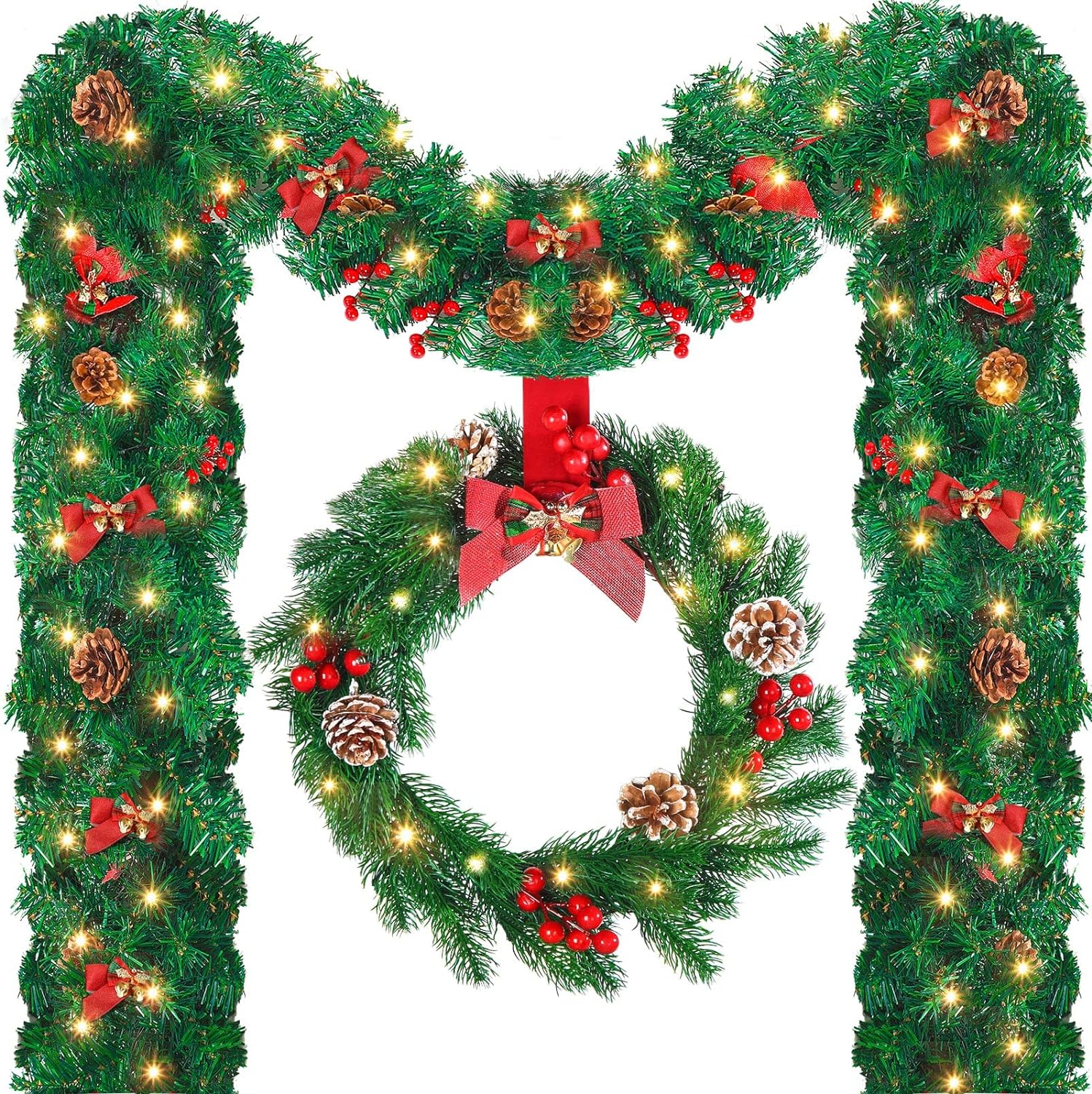 Pre Lit Artificial LED Christmas Garland and LED Pre Lit Artificial Christmas Wreath Set with Red Bows Lighted Christmas Door Wreath for Front Door Window Porch Fireplace Light Holiday Decor