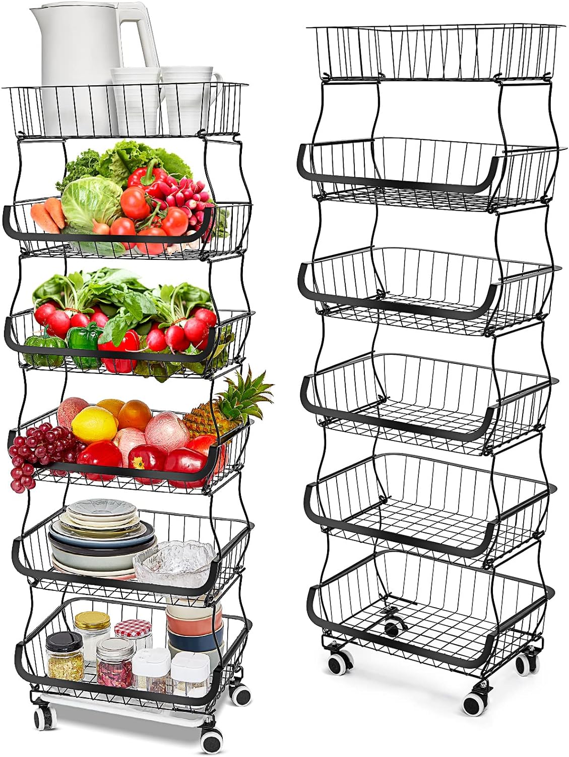 Zubebe 6 Tiered Fruit Basket for Kitchen Stackable Wire Baskets with Wheels and Anti Skid Feet Kitchen Storage Cart Bin Snack Stand Fruit and Vegetable Basket Rack for Potato Onion Pantry Organizer